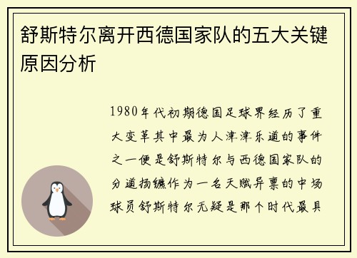 舒斯特尔离开西德国家队的五大关键原因分析